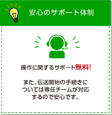 安心のサポート体制。操作に関するサポート無料！また、伝送開始の手続きについては専任チームが対応するので安心です。